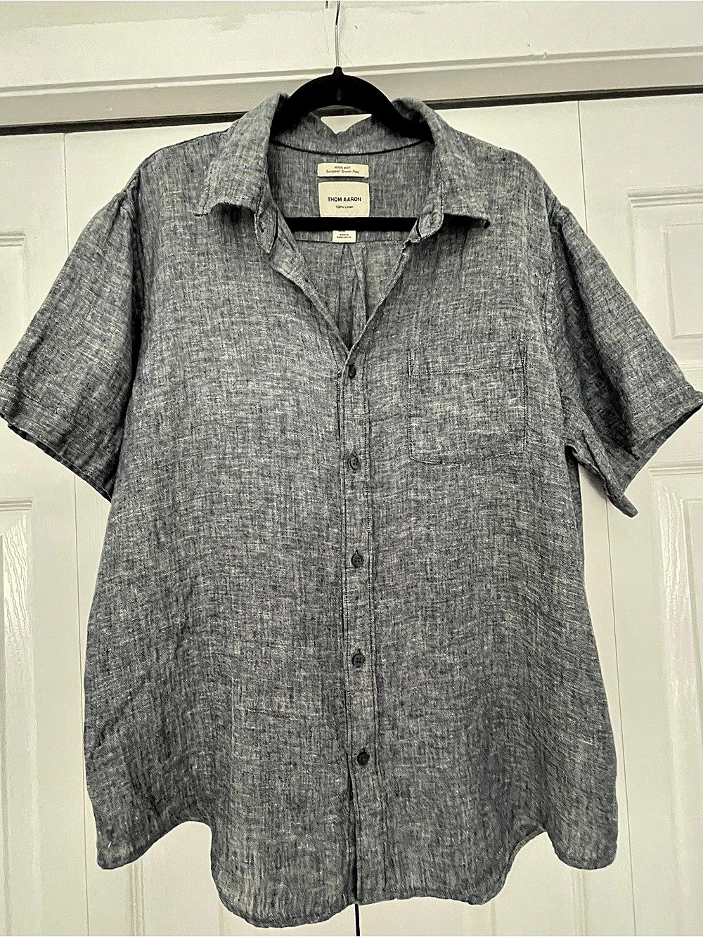 Thom Aaron Men’s XL 100% Linen Short Sleeve Button-Up Shirt Blue Gray